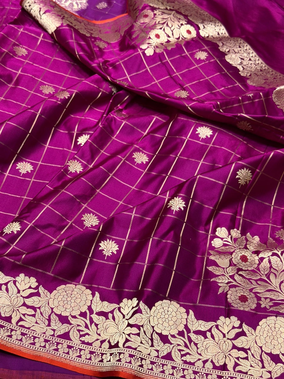 Magenta Pink Handwoven Banarasi Mashru Satin Silk Saree