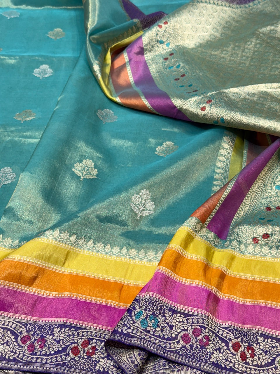 Ocean Blue Handwoven Pure Tissue Saree