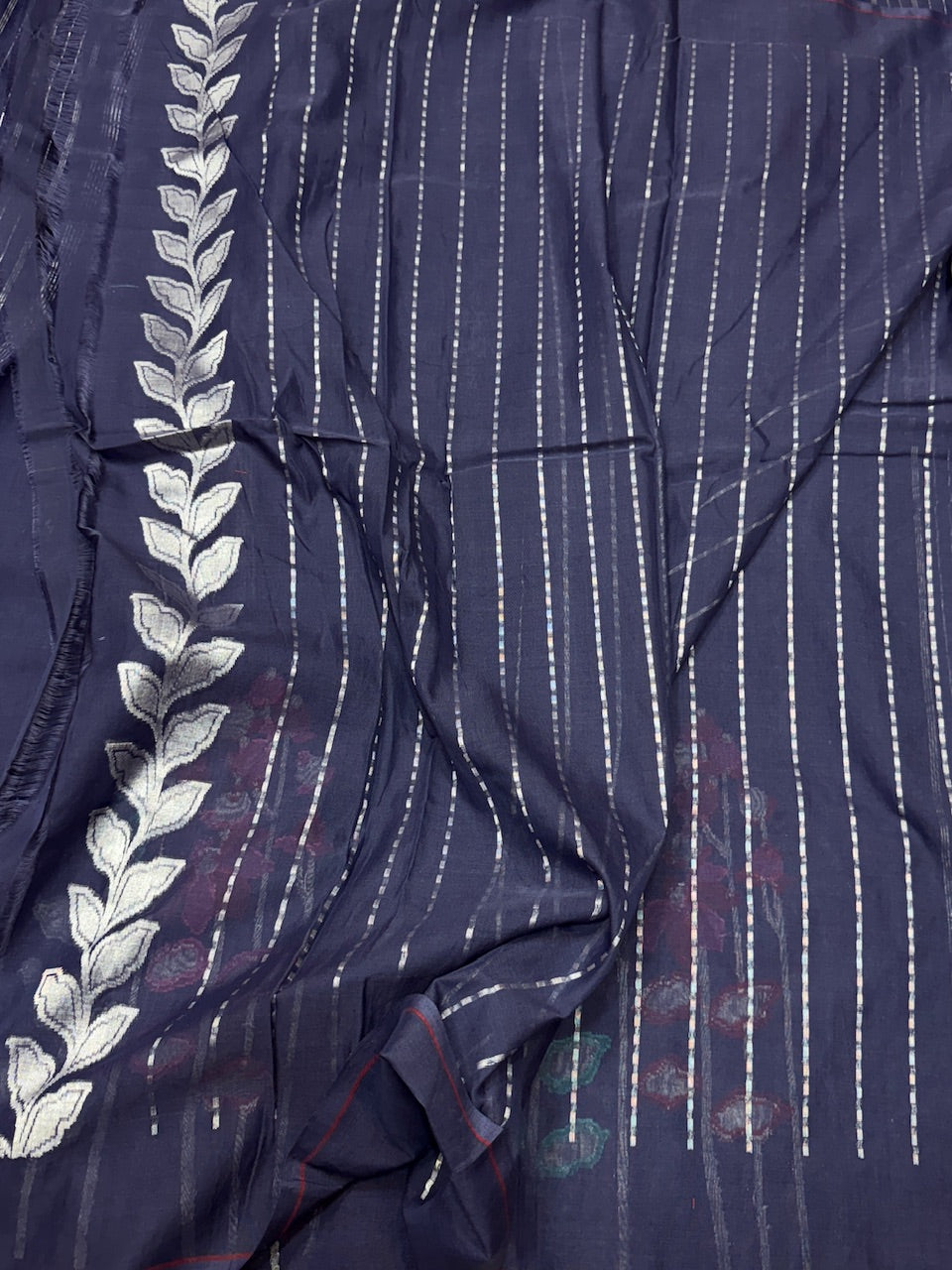 Navy Blue Pure Muslin Cotton Jamdani Saree