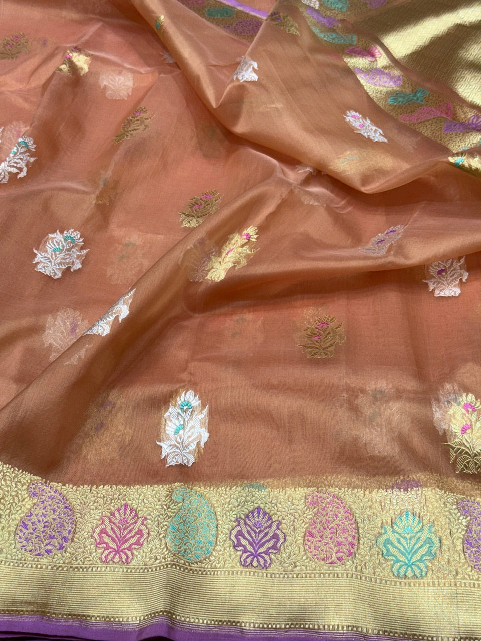 Peach Handwoven Banarasi Pure Organza Silk Saree