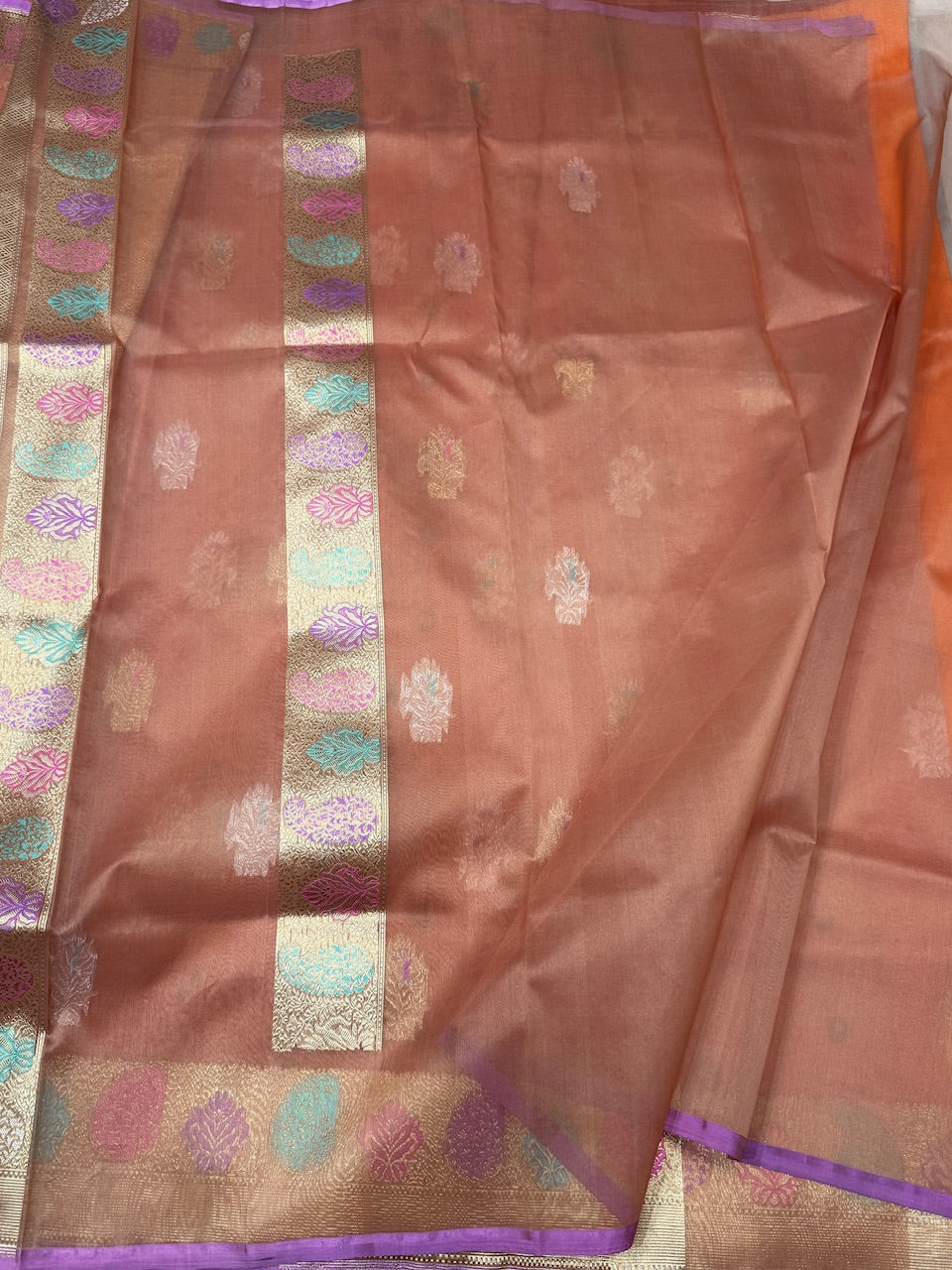 Peach Handwoven Banarasi Pure Organza Silk Saree