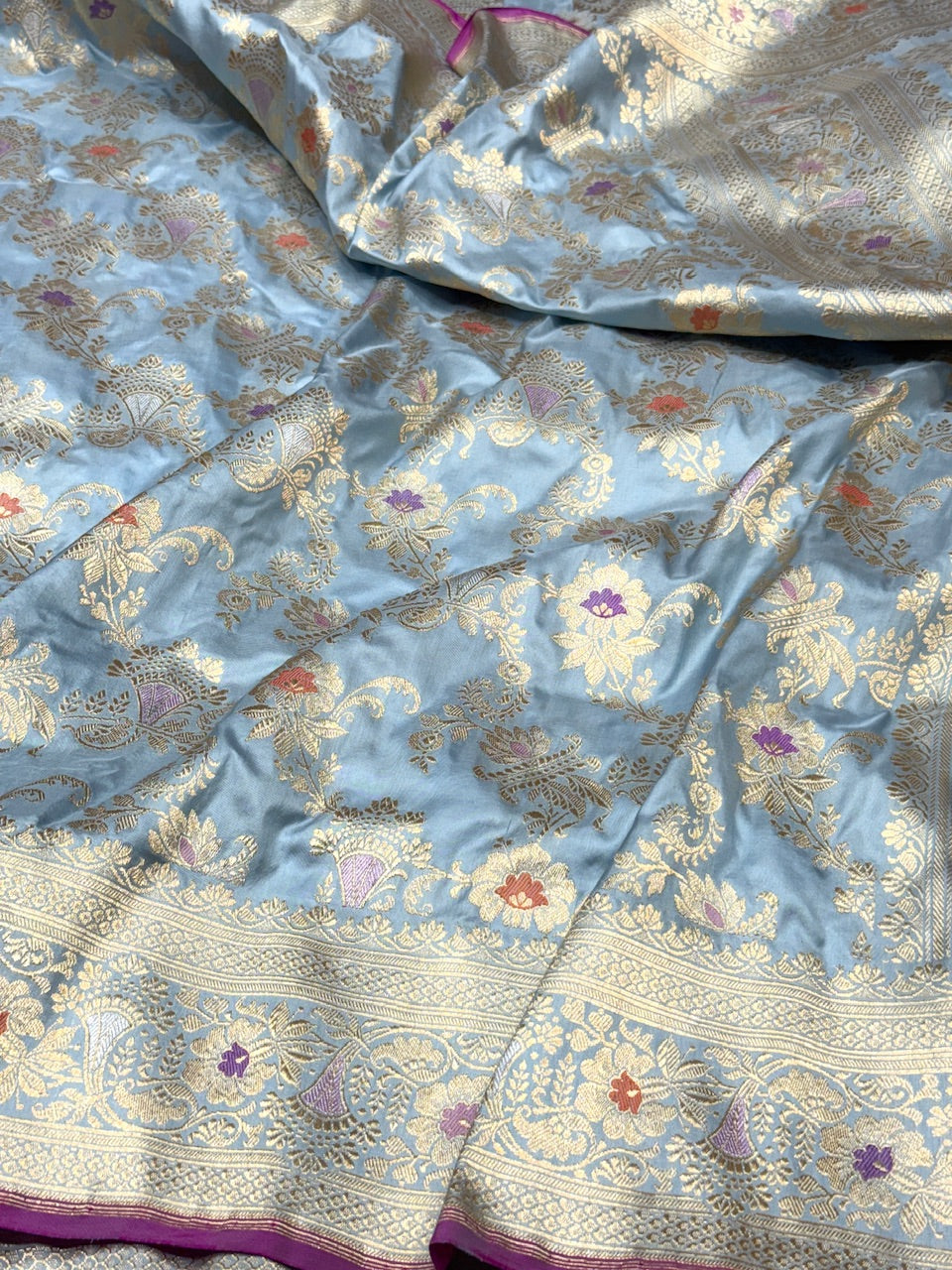 Powder Blue Handwoven Pure Banarasi Silk Saree