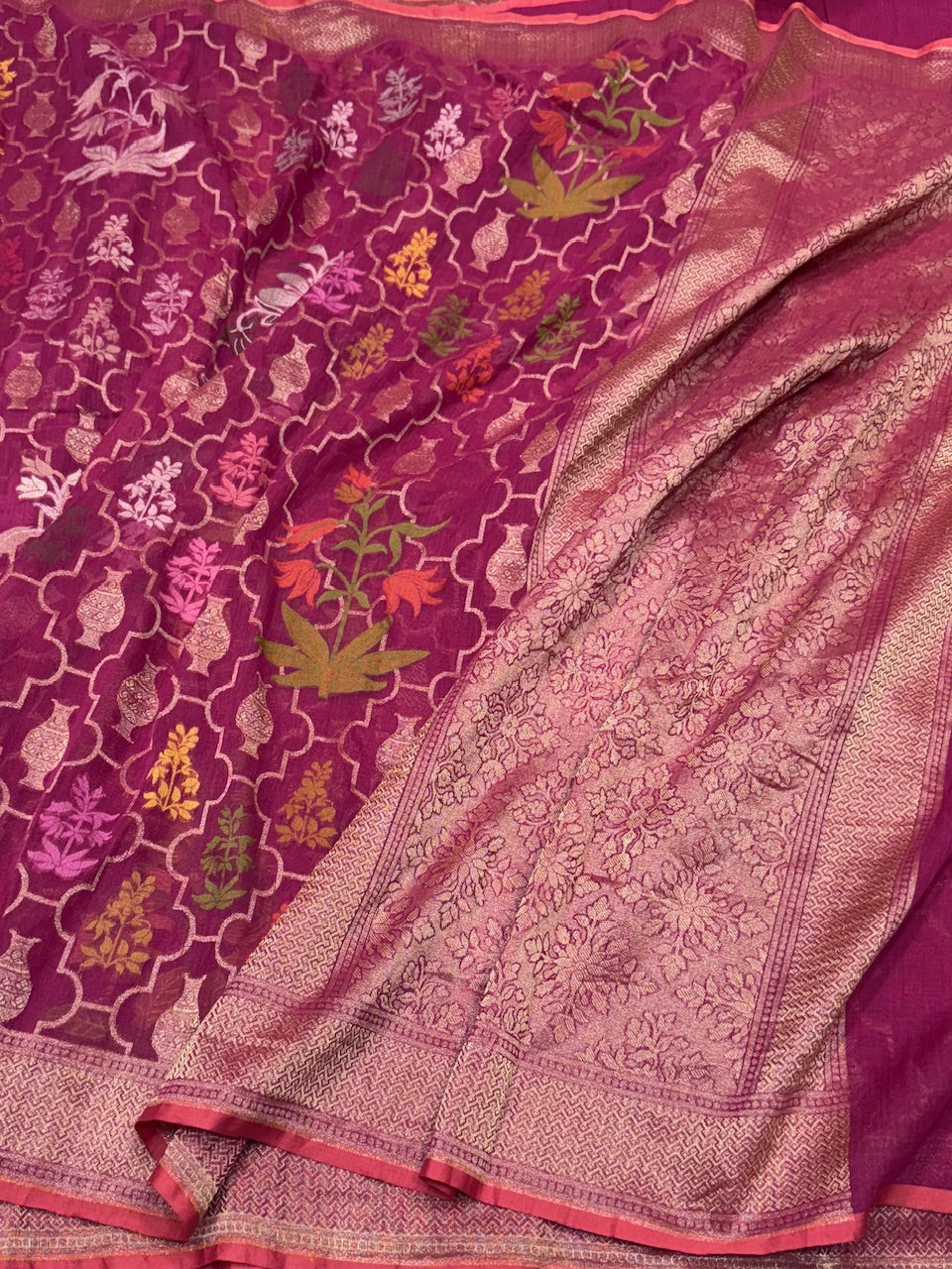 Magenta Pink Pure Muslin Cotton Jamdani Silk Saree