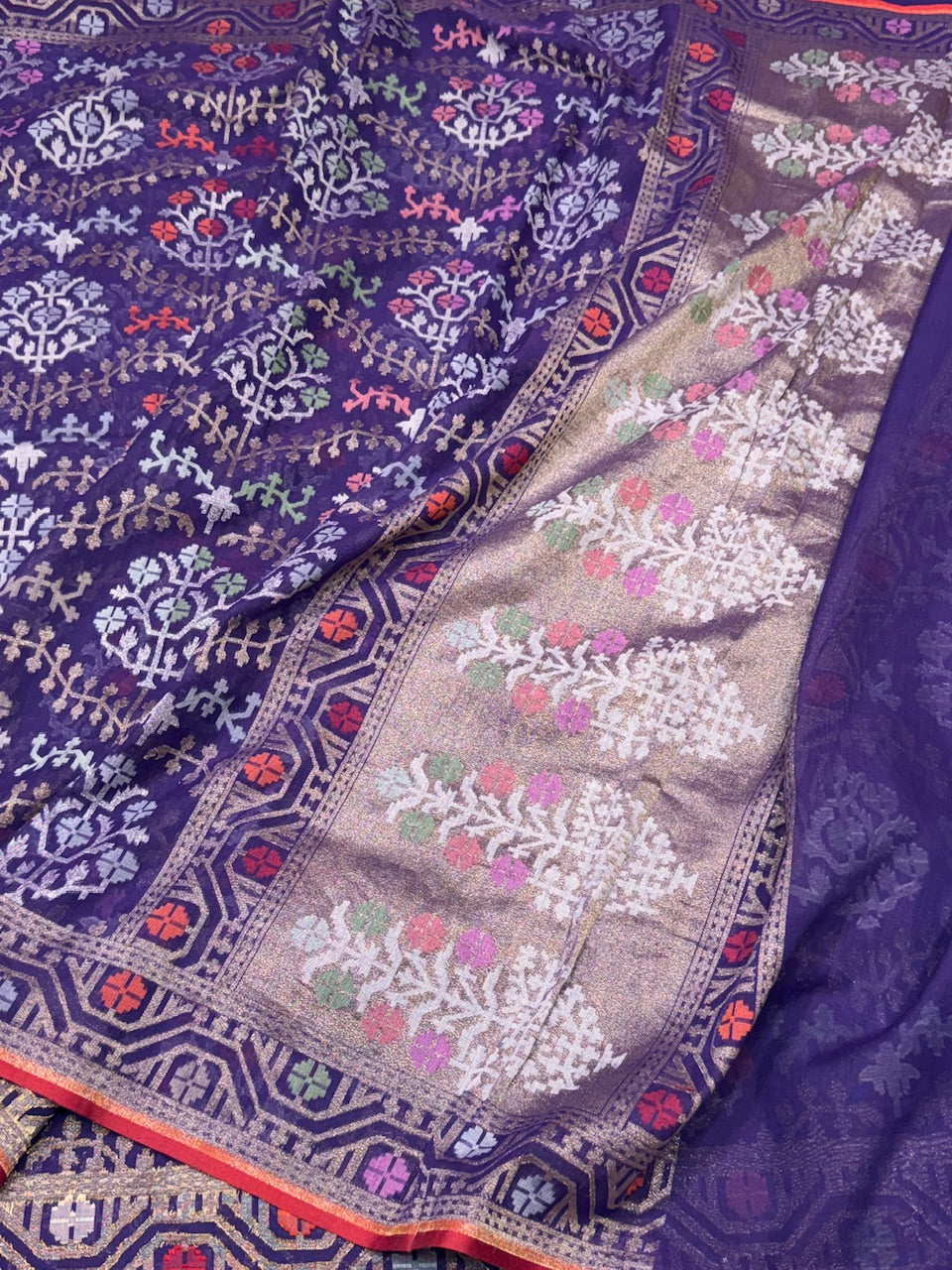 Purple Pure Muslin Cotton Jamdani Silk Saree