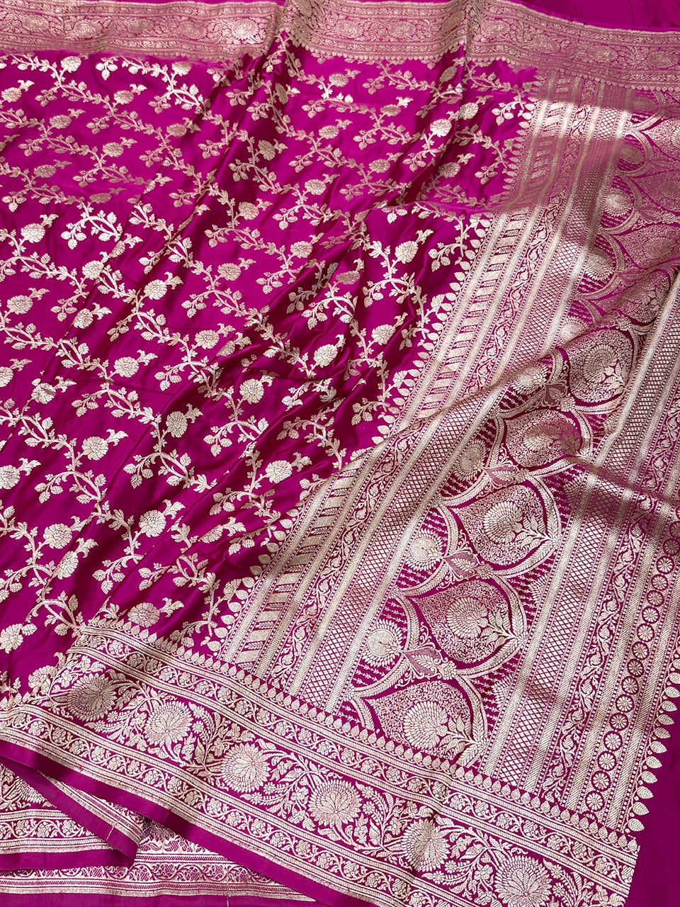 Rani Pink Handwoven Vintage Pure Banarasi Satin Silk Saree