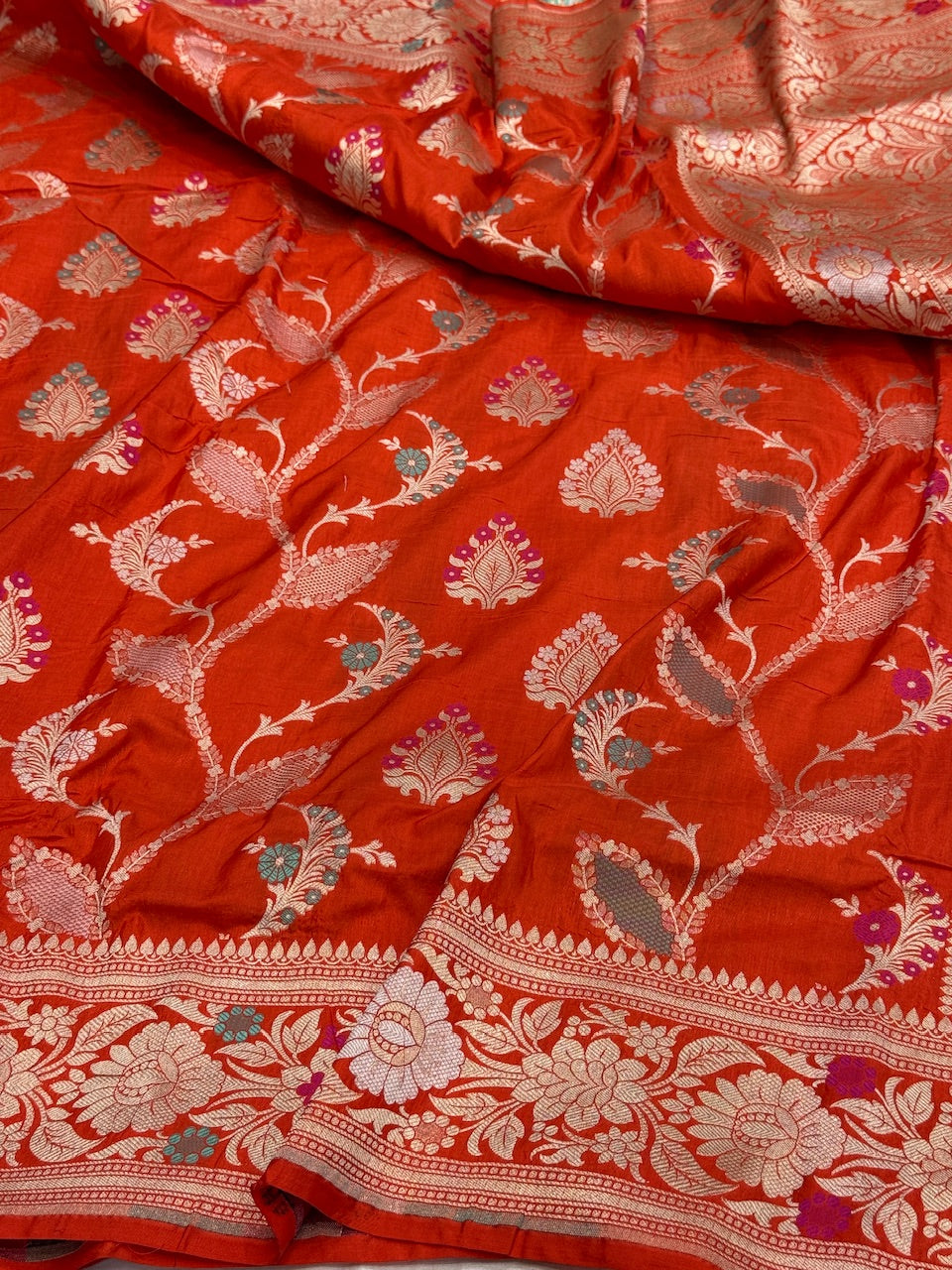 Orange Banarasi Minakari Pure Katan Silk Saree