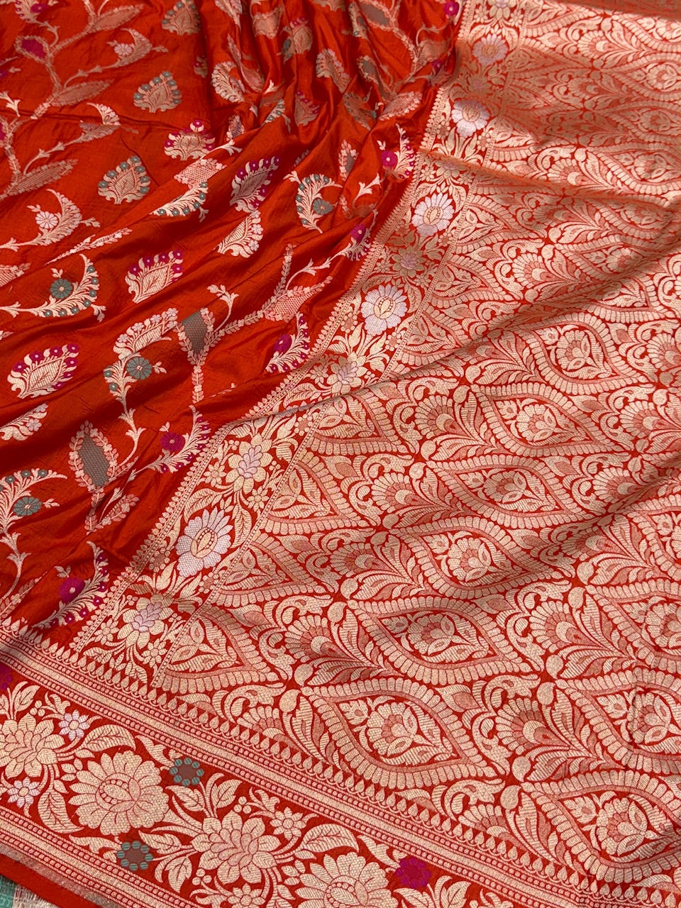 Orange Banarasi Minakari Pure Katan Silk Saree
