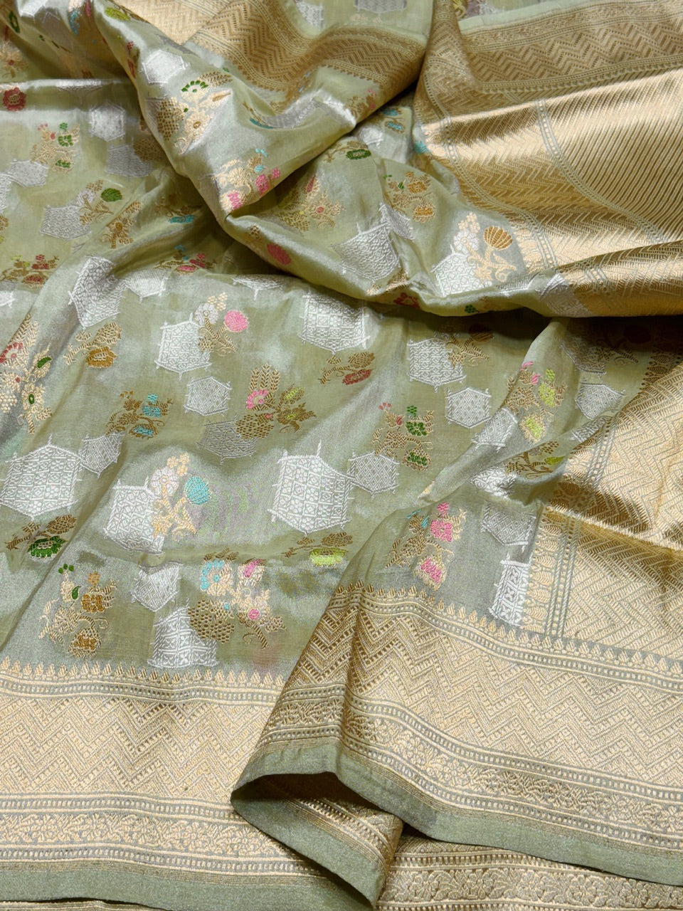 Pista Handwoven Pure Katan Tissue Saree