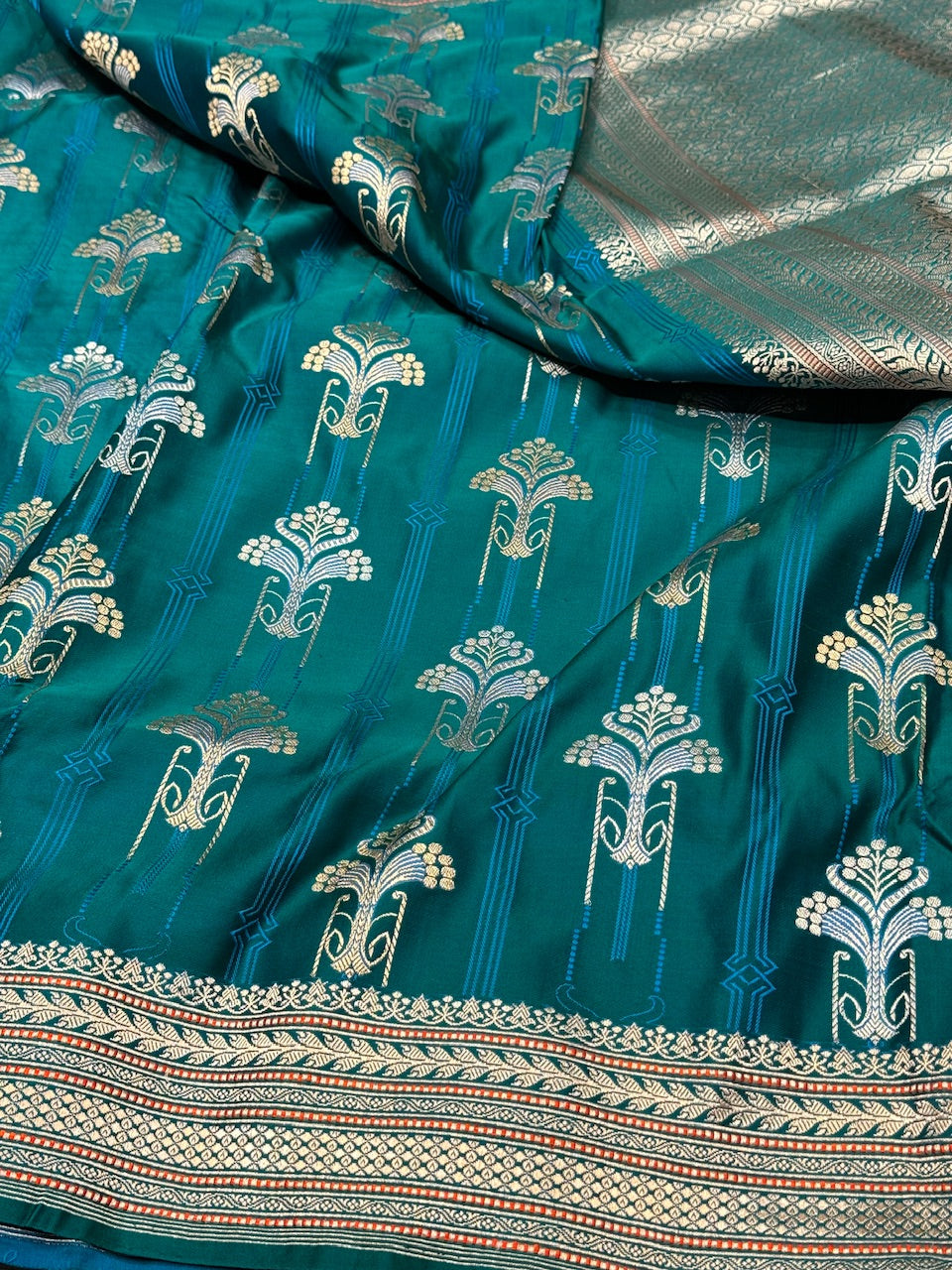 Turquoise Green Banarasi Satin Silk Saree