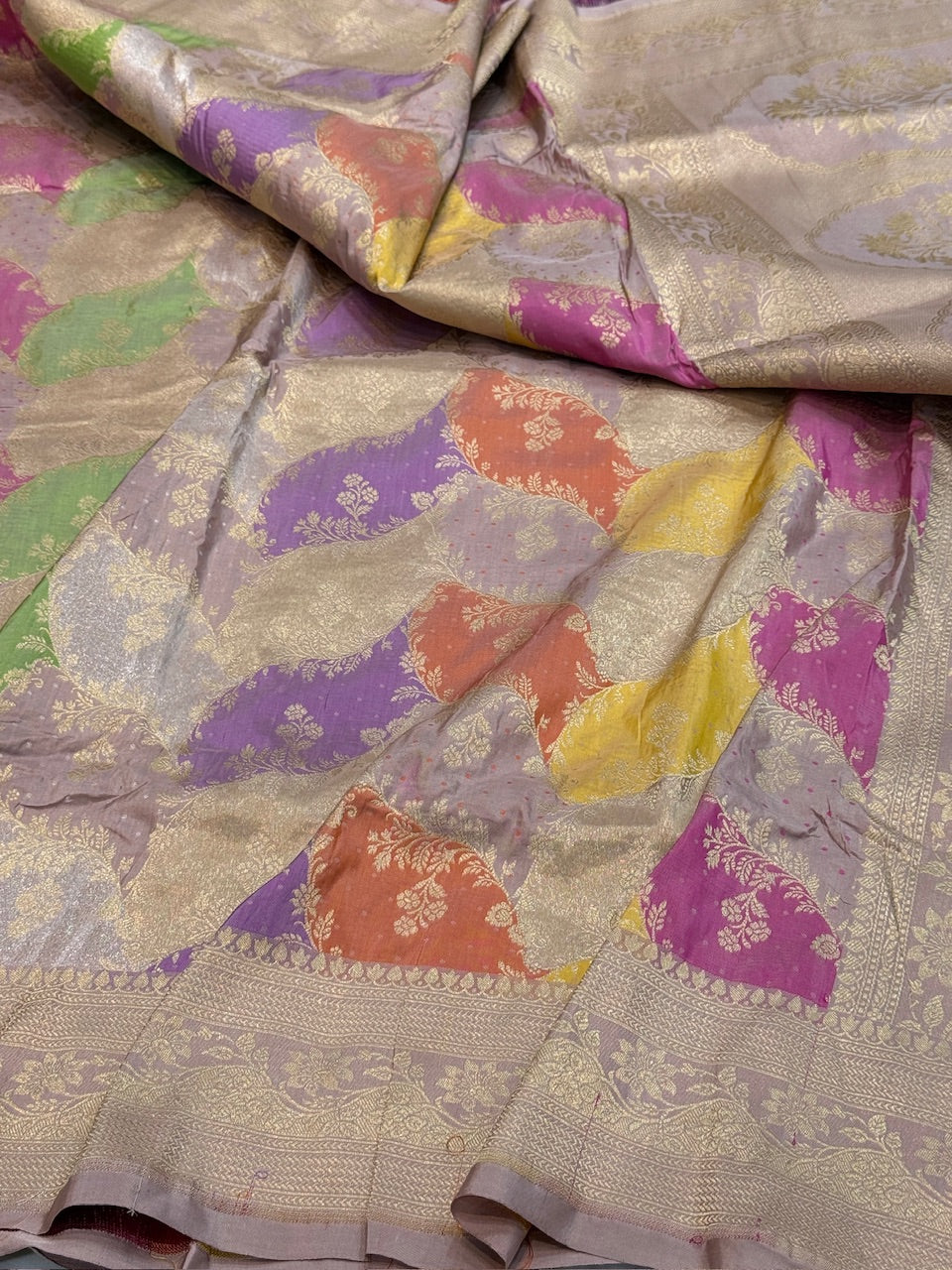 Multicolour Banarasi Pure Silk Saree – Cutwork Weave in 100% Pure Katan Silk