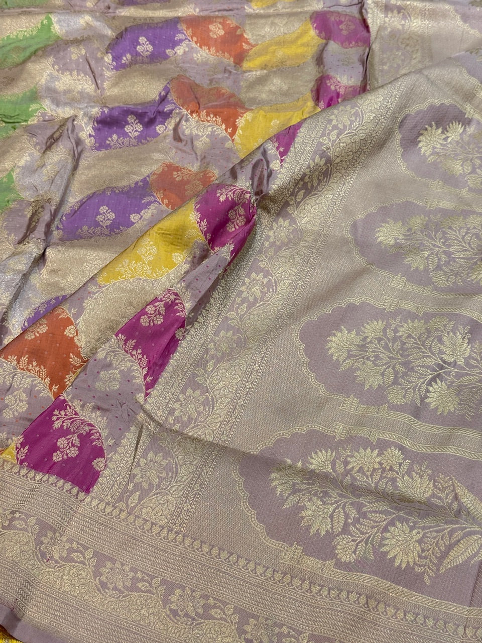 Multicolour Banarasi Pure Silk Saree – Cutwork Weave in 100% Pure Katan Silk