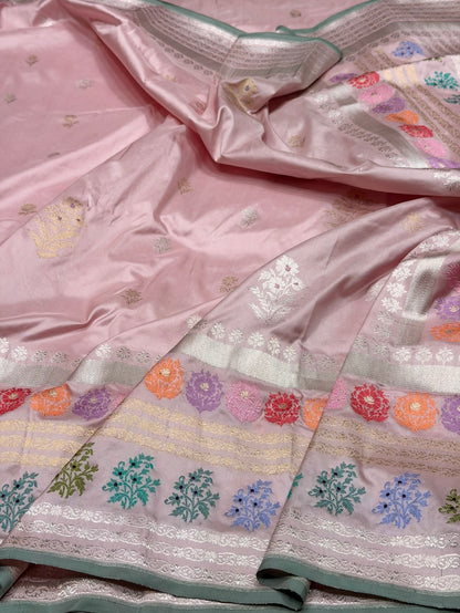 Powder Pink Handwoven Pure Banarasi Silk Saree – Kadwa Weave in 100% Katan Mulberry Silk