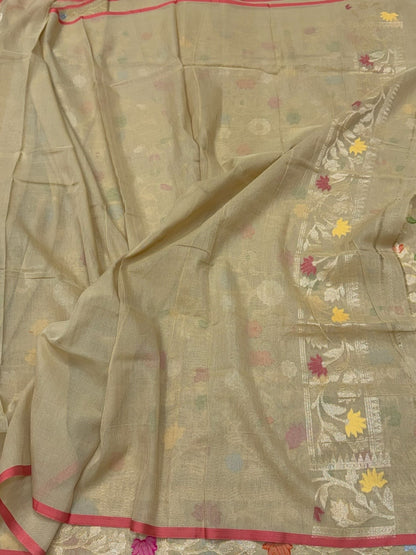 Tussar Pure Muslin Cotton Jamdani Saree