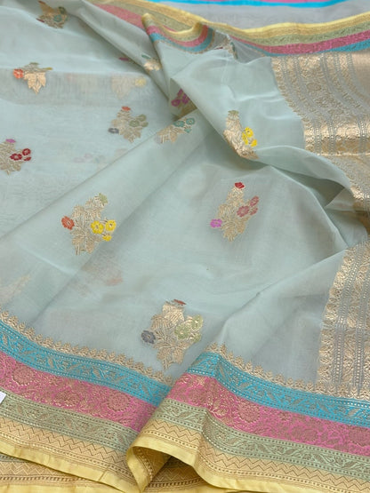 Ocean Blue Handwoven Pure Organza Silk Saree
