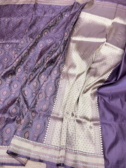 Lavender Handwoven Pure Banarasi Satin Tanchoi Silk Saree – 100% Pure Satin Silk, Kadwa Weave