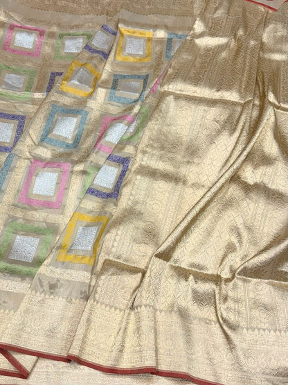 Cream Handwoven Pure Banarasi Tissue Saree