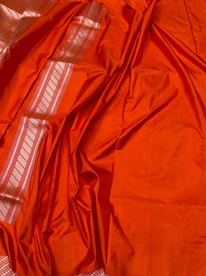 Orange Handwoven Pure Banarasi Silk Saree – Kadwa Katan Mulberry Silk | Authentic Banaras Handloom