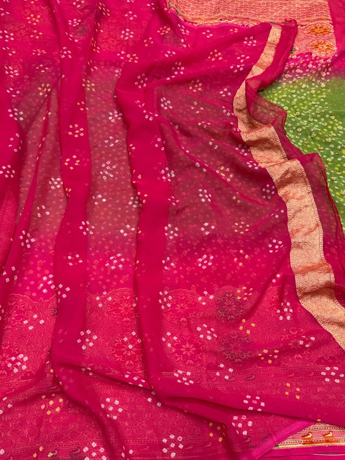 Rani Pink Banarasi Pure Bandhej Georgette Saree – Luxury Cutwork Brocade Wedding