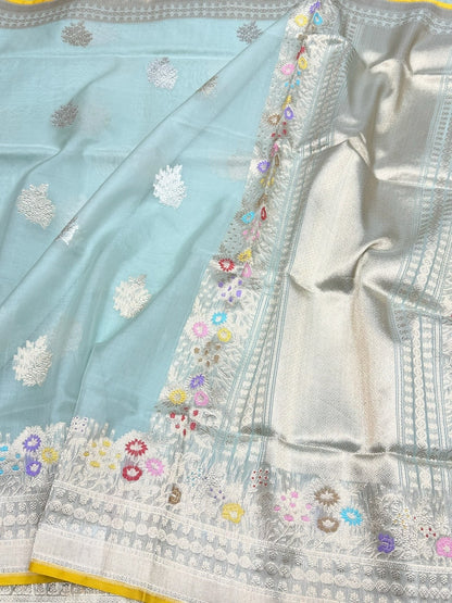 Ocean Blue Handwoven Banarasi Pure Organza Silk Saree