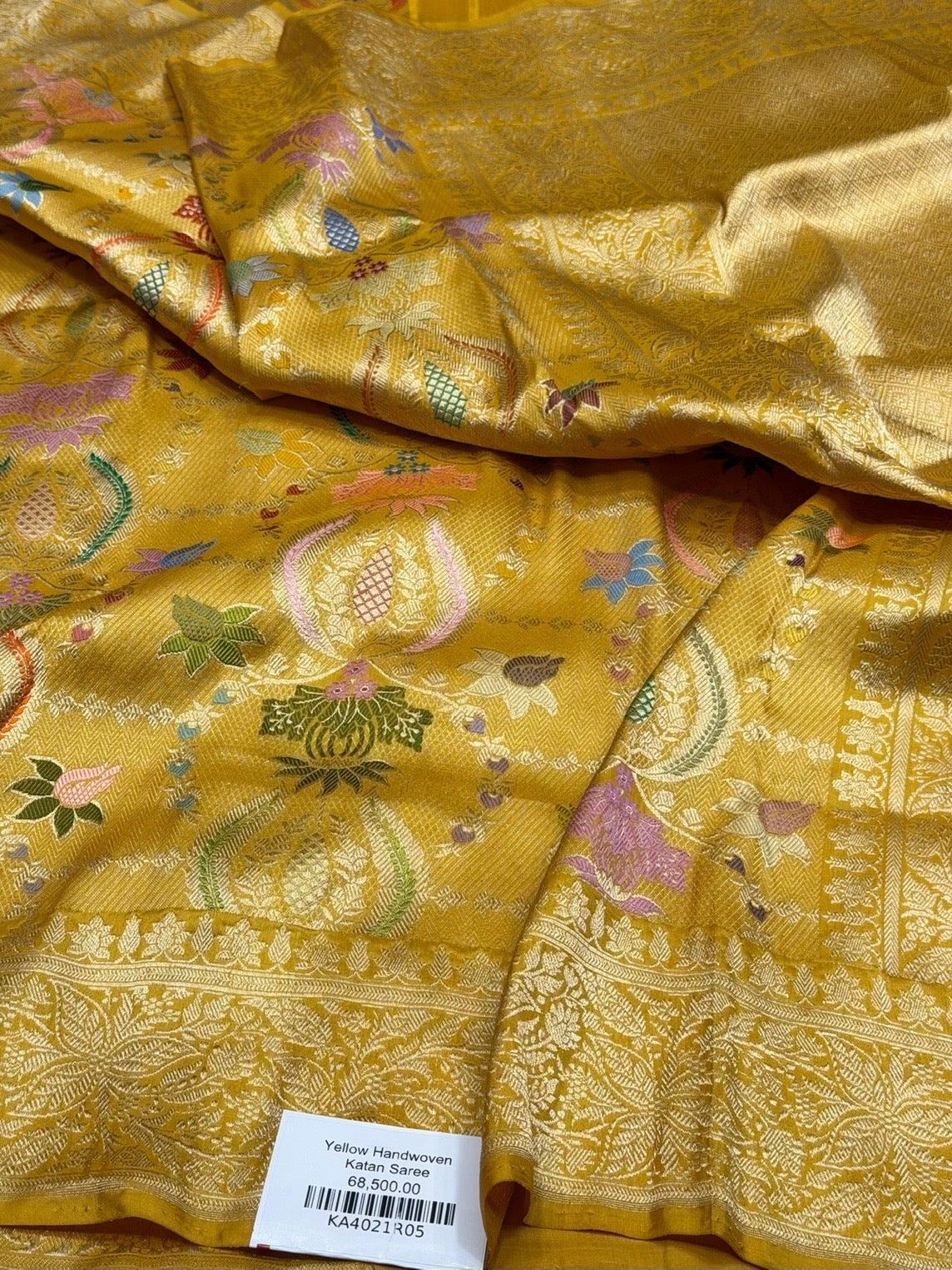 Yellow Handwoven Banarasi Pure Silk Brocade Saree | Meenakari Katan Silk