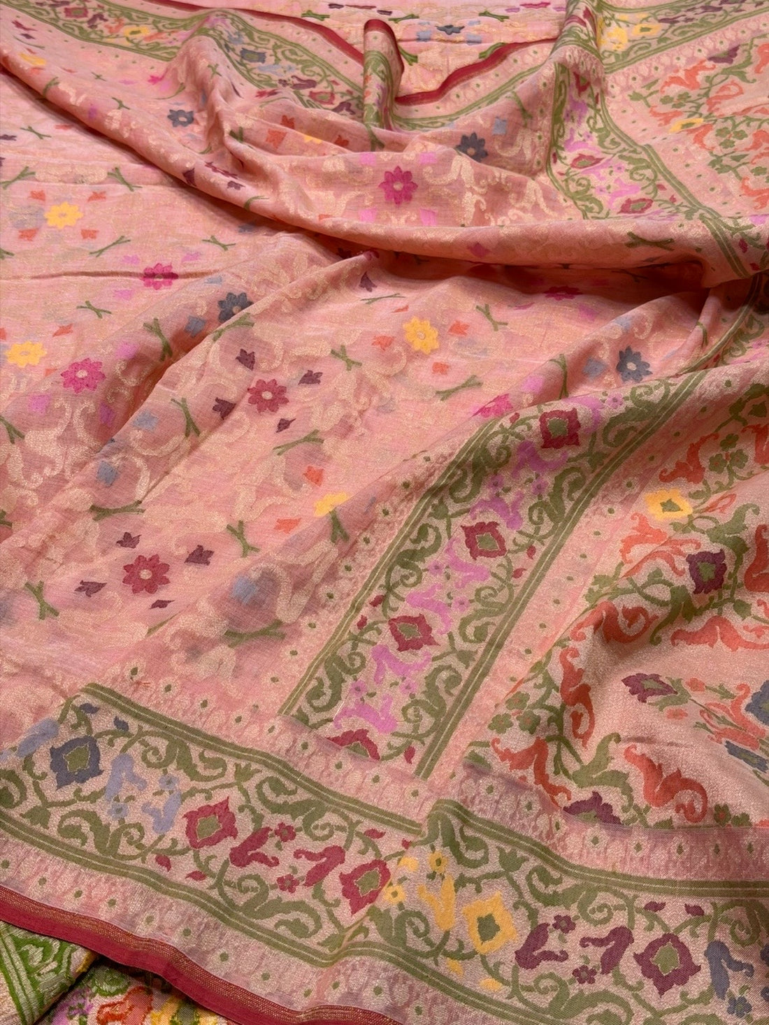 Peach Pure Muslin Cotton Jamdani Saree