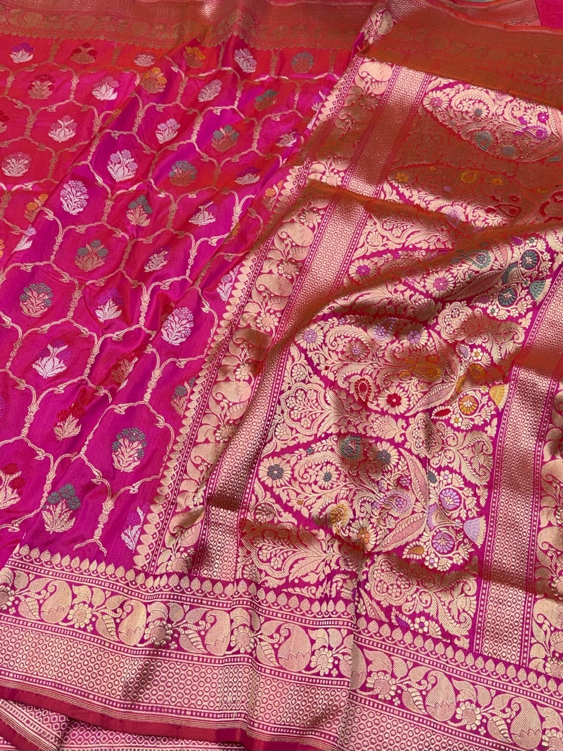 Rani Pink Handwoven Pure Banarasi Silk Saree – Kadwa Weave in 100% Katan Mulberry Silk