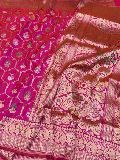 Rani Pink Handwoven Pure Banarasi Silk Saree – Kadwa Weave in 100% Katan Mulberry Silk