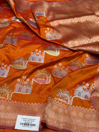 Orange Handwoven Pure Banarasi Silk Saree in Kadwa Weave