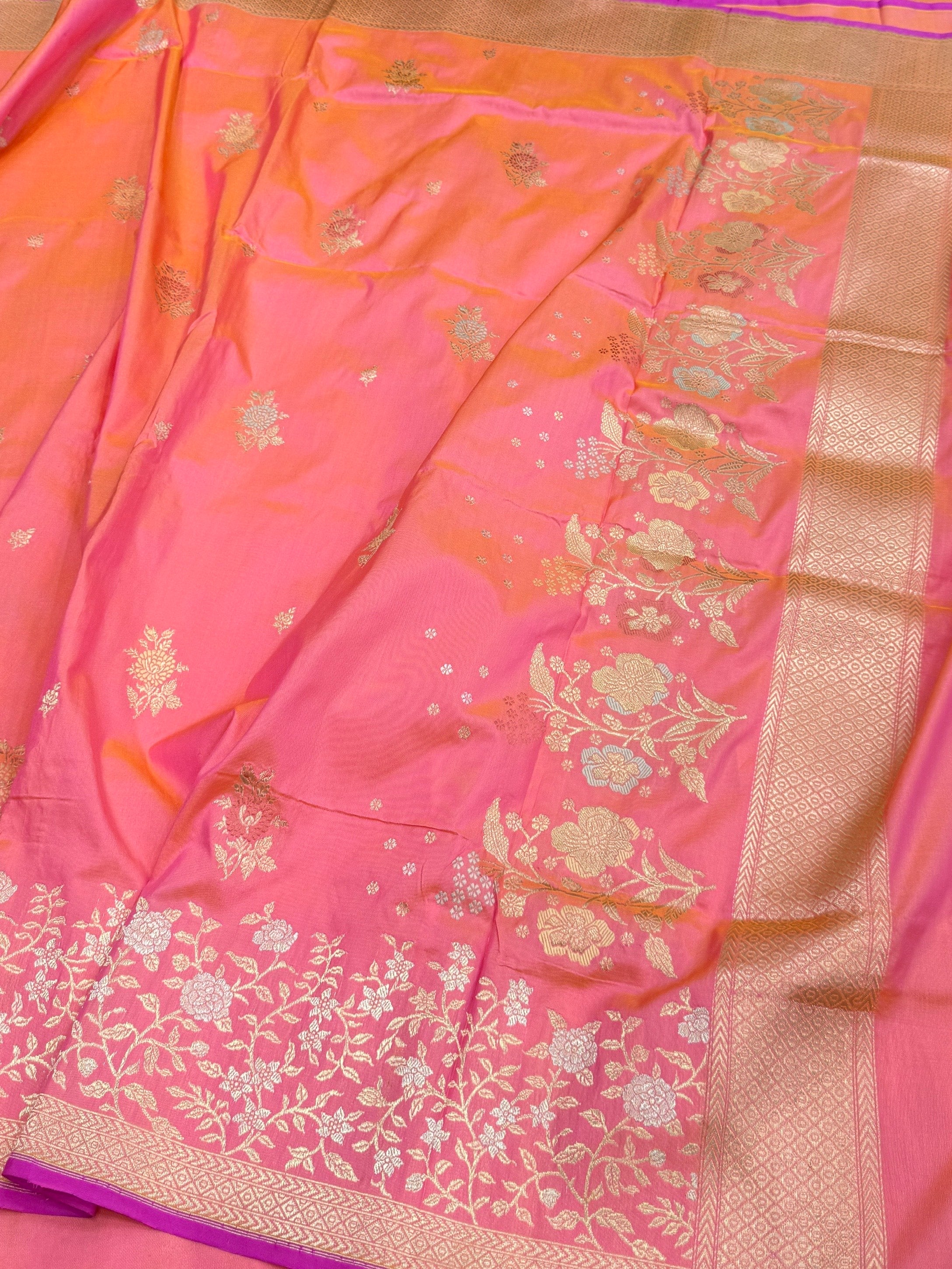Orangish Pink Handwoven Pure Banarasi Silk Saree – Kadwa Weave in 100% Katan Mulberry Silk