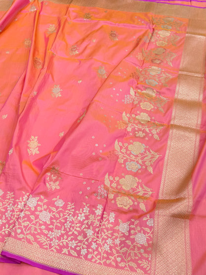 Orangish Pink Handwoven Pure Banarasi Silk Saree – Kadwa Weave in 100% Katan Mulberry Silk