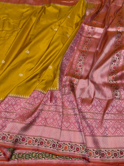 Mustard Yellow Handwoven Pure Banarasi Ektara Silk Saree – Luxury Kadwa Weave