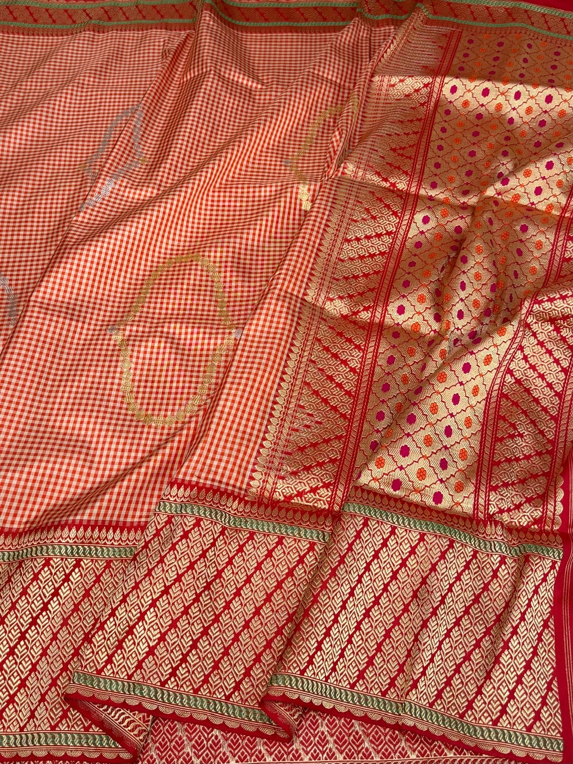 Orange Checks Handwoven Pure Banarasi Silk Saree