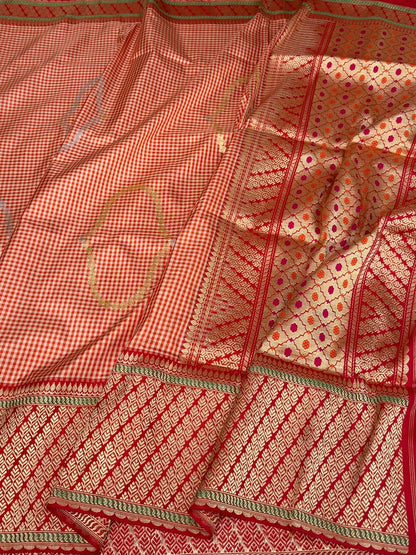 Orange Checks Handwoven Pure Banarasi Silk Saree