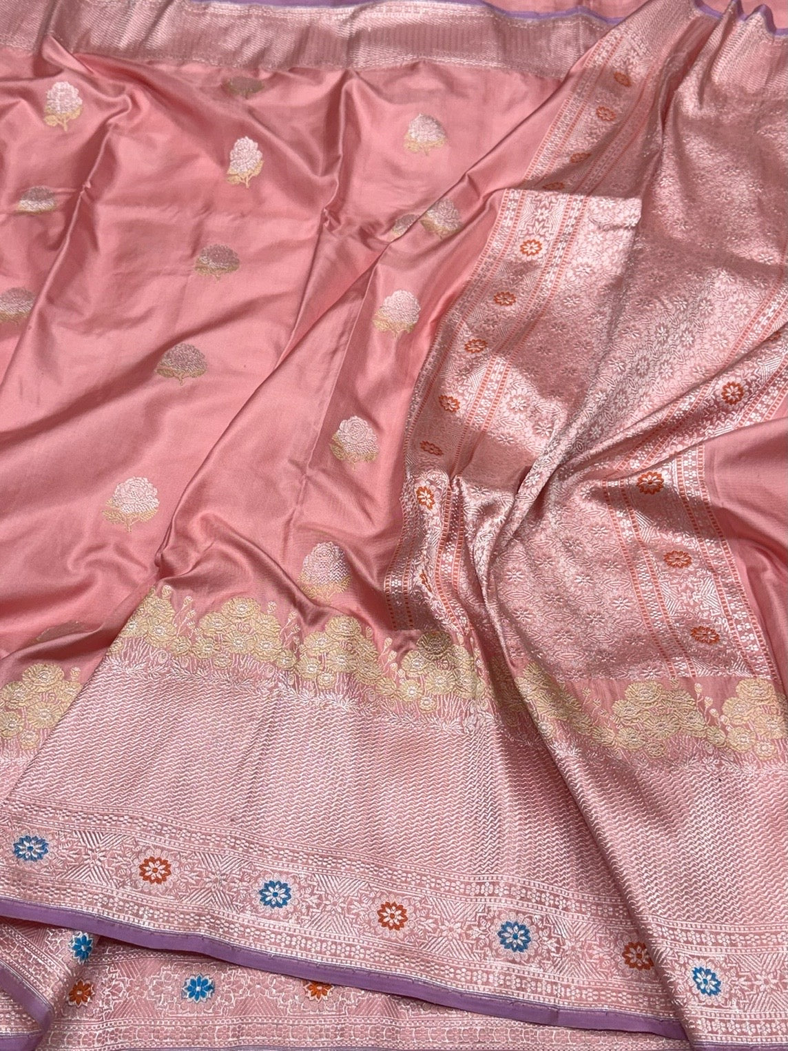 Peach Handwoven Pure Banarasi Ektara Silk Saree – Kadwa Technique | Authentic Banaras Handloom