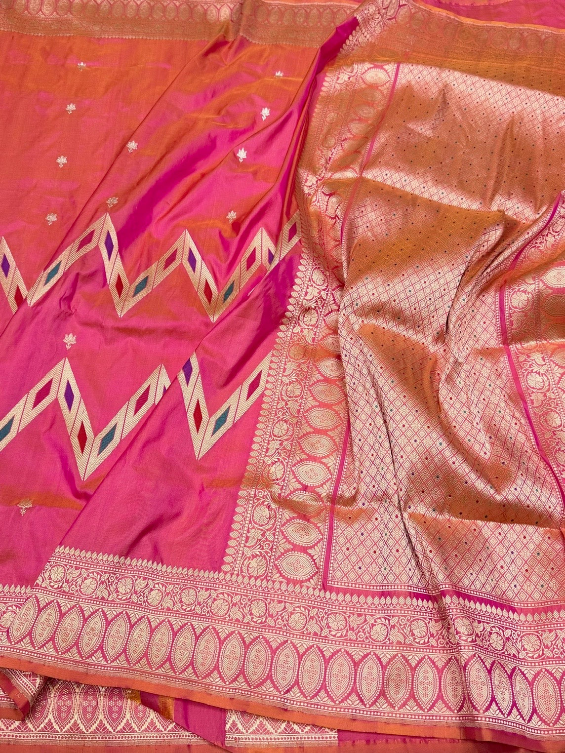 Orangish Pink Handwoven Pure Banarasi Silk Saree | Pure Katan Silk | Kadwa Weave | HMR Handlooms