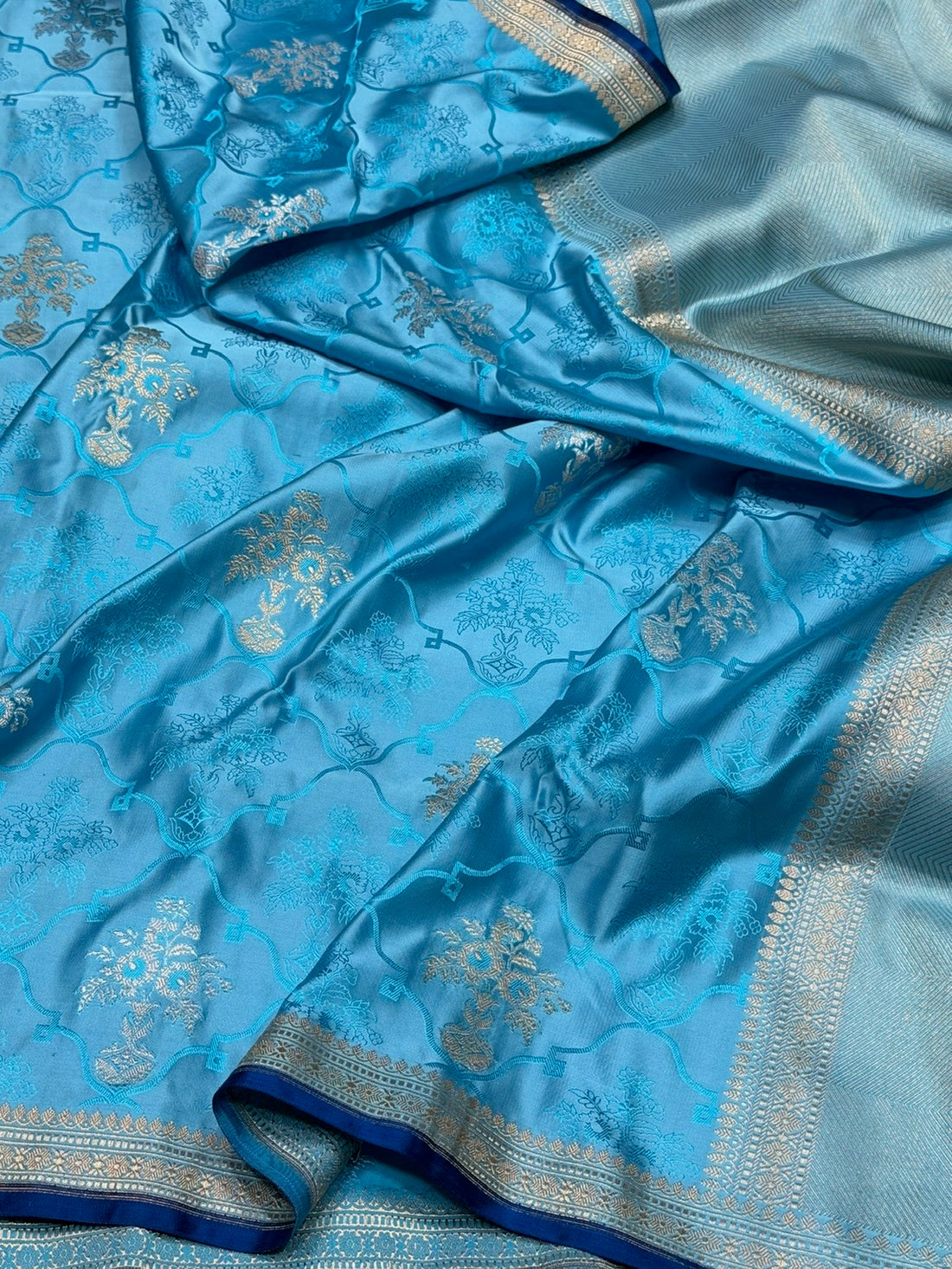 Sky Blue Handwoven Pure Banarasi Satin Tanchoi Silk Saree – Kadwa Weave | Authentic Banaras Handloom