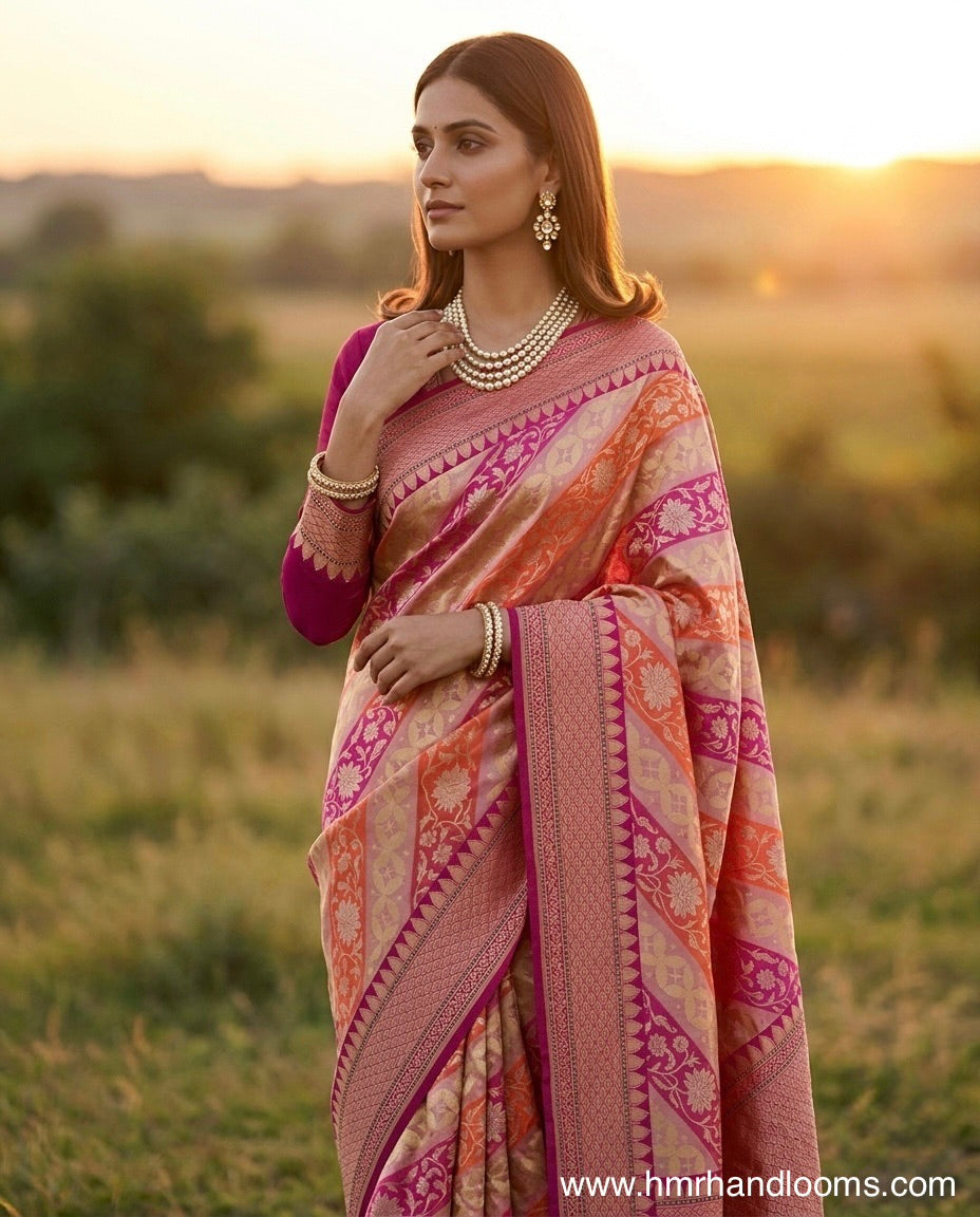 Rani Pink Handwoven Pure Banarasi Rangkaat Silk Saree