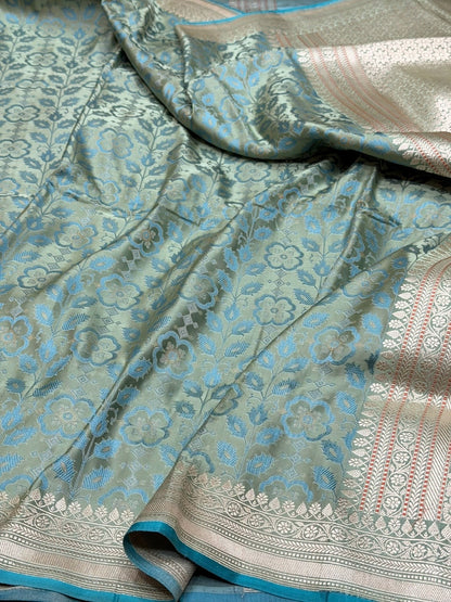 Mint Green Handwoven Pure Banarasi Satin Tanchoi Silk Saree