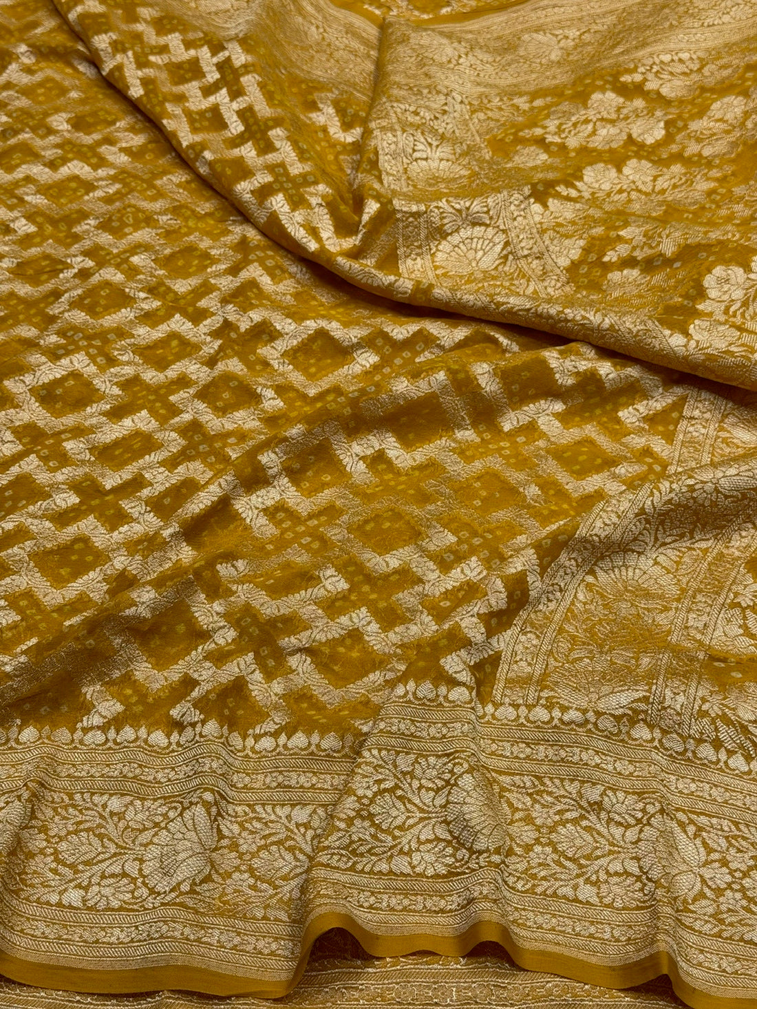 Mustard Yellow Banarasi Pure Bandhej Georgette Saree – Luxury Cutwork Brocade Festive Saree