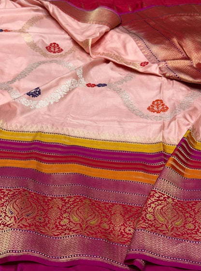 Powder Pink Handwoven Ektara Pure Banarasi Silk Saree