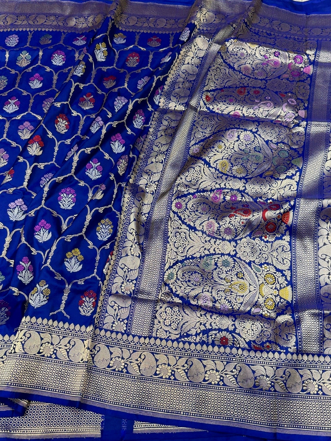 Royal Blue Handwoven Pure Banarasi Silk Saree – Kadwa Weave in 100% Katan Mulberry Silk