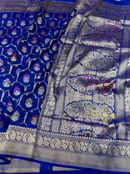 Royal Blue Handwoven Pure Banarasi Silk Saree – Kadwa Weave in 100% Katan Mulberry Silk