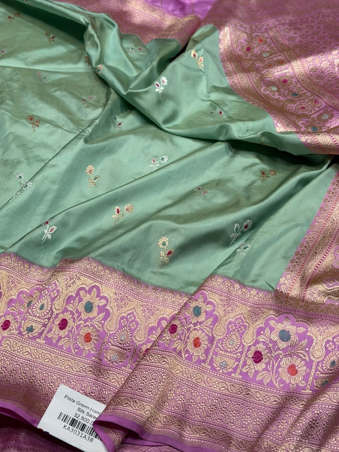 Pista Green Ektara Handwoven Pure Silk Banarasi Saree