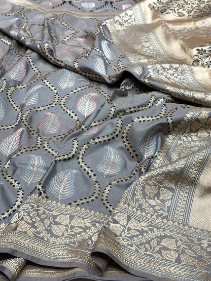 Steel Grey Handwoven Pure Banarasi Silk Saree – Kadwa Weave in 100% Katan Mulberry Silk