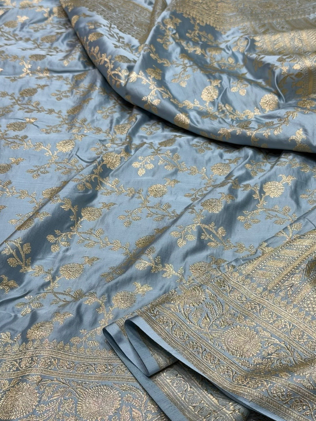 Ash Grey Handwoven Vintage Pure Banarasi Satin Silk Saree