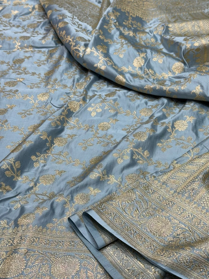 Ash Grey Handwoven Vintage Pure Banarasi Satin Silk Saree