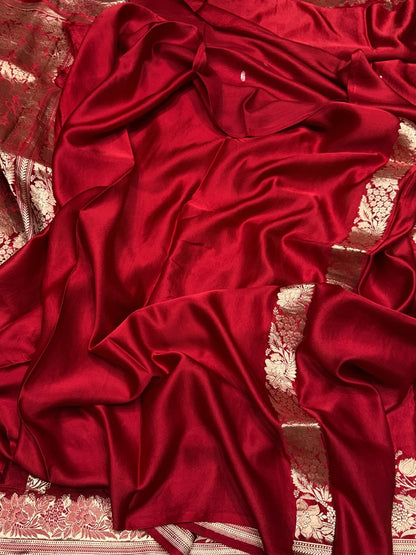 Red Handwoven Pure Mashru Banarasi Satin Silk Saree