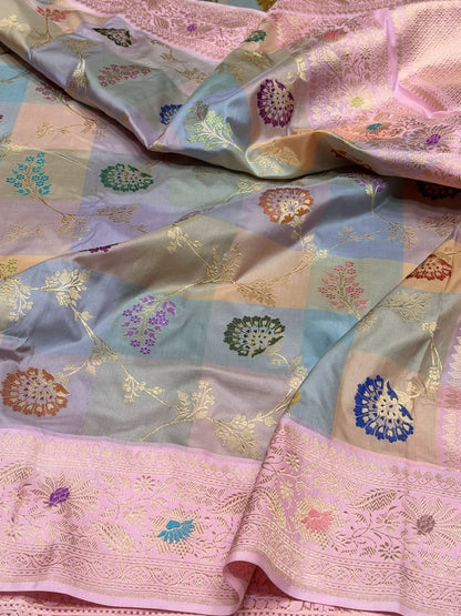 Baby Pink Handwoven Pure Banarasi Rangkaat Silk Saree – Pure Katan Silk