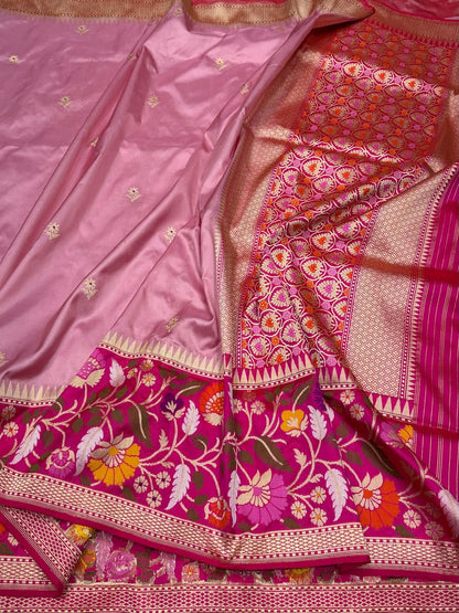 Gajiri &amp; Pink Handwoven Pure Banarasi Silk Saree – Kadwa Weave in 100% Katan Mulberry Silk