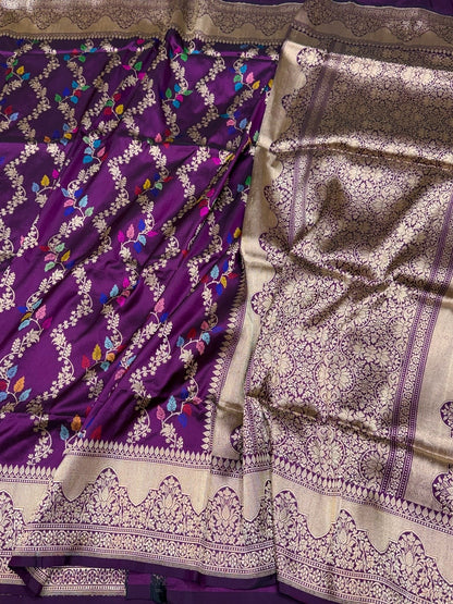 Magenta Handwoven Pure Banarasi Silk Saree in Kadwa Weave | Authentic Katan Mulberry Silk